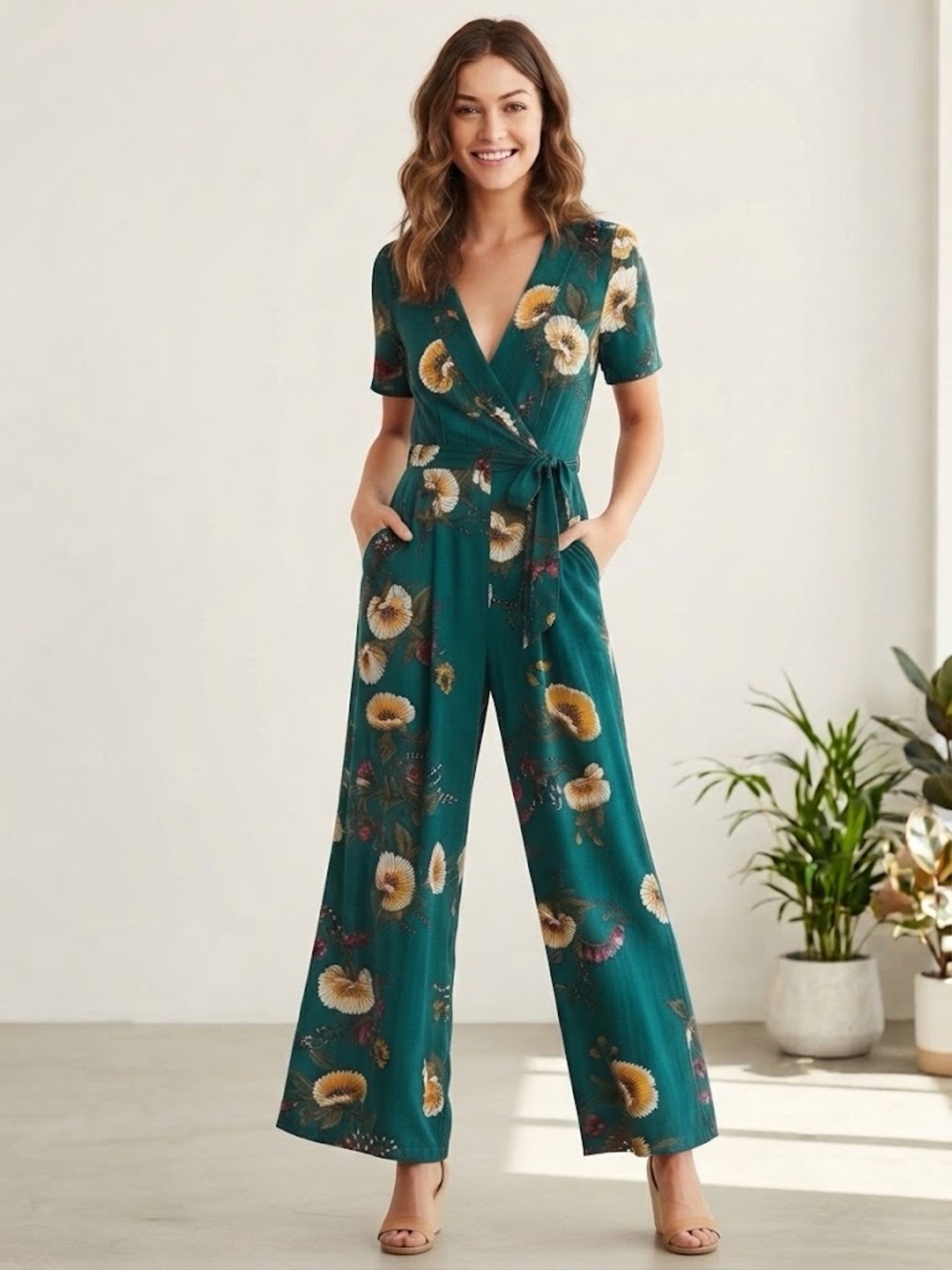 Forever 21 Rayon Teal Floral Faux Wrap V-Neck Wide leg Jumpsuit